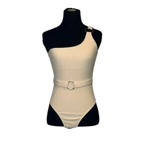 Beige ribbed one shoulder front belted one piece swimsuit size Small